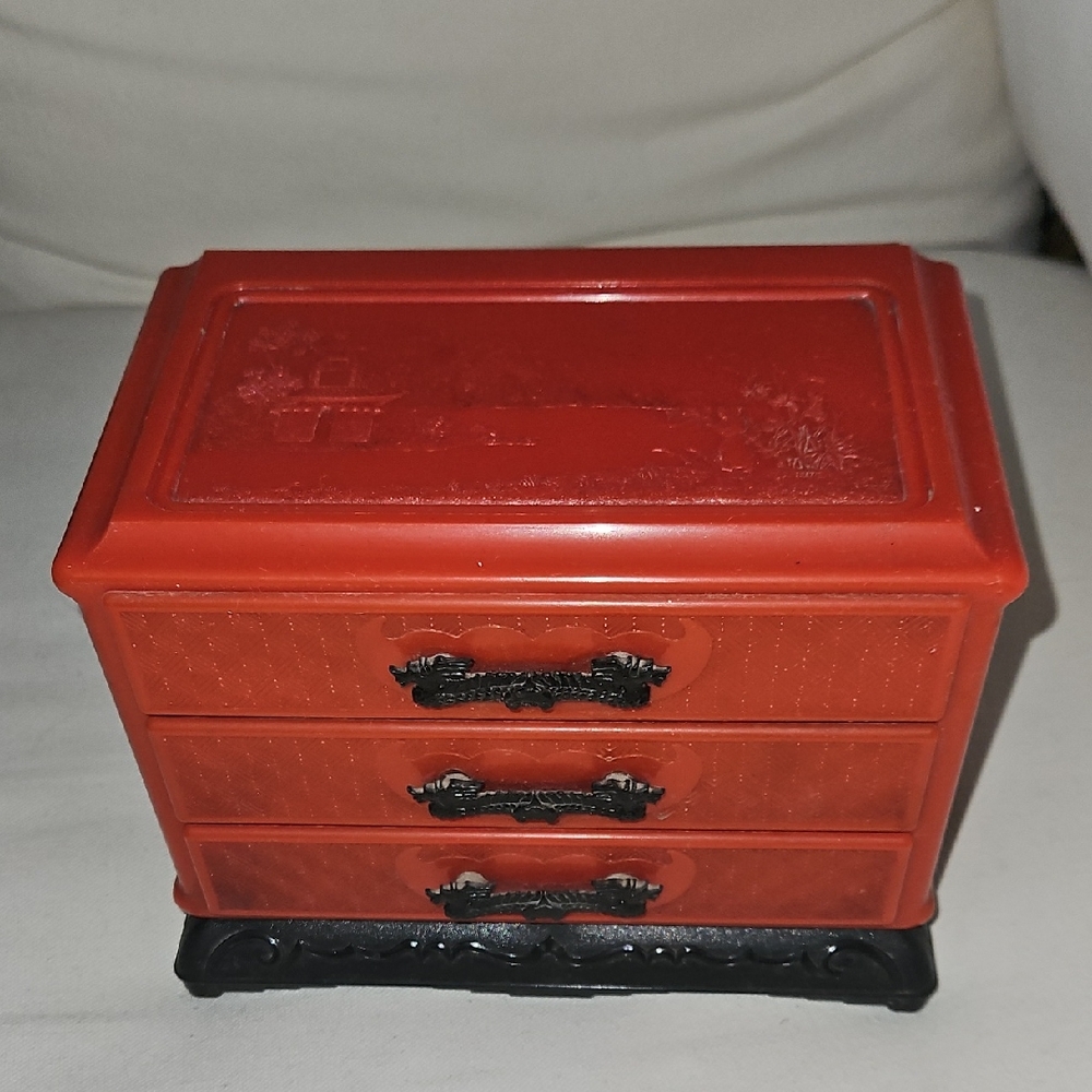 Vintage Asian Red Celluloid 3 Drawer Jewelry Box Ornate Carving/ Dragon Handles